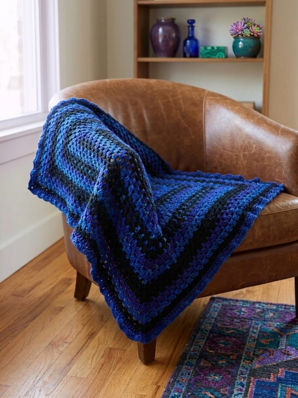 Handmade Crochet Rectangular Granny Stripe Afghan Throw Blanket Royal Blue Black
